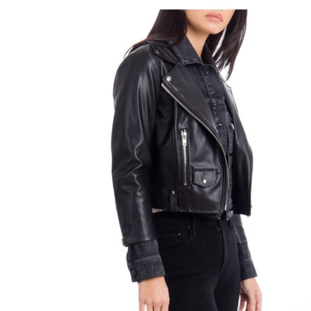 Faux Leather/Denim Biker Jacket - Picture 2 of 4
